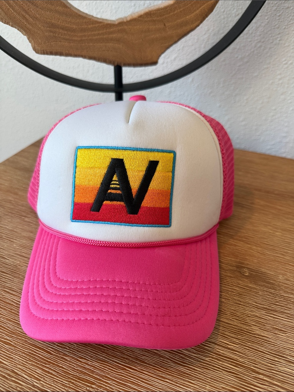 Aviator Nation AV Patch Pink Trucker Hat with Color Stripe Logo